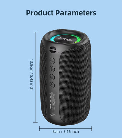 Black portable speaker with green LED indicator on a light blue background, showing product parameters.