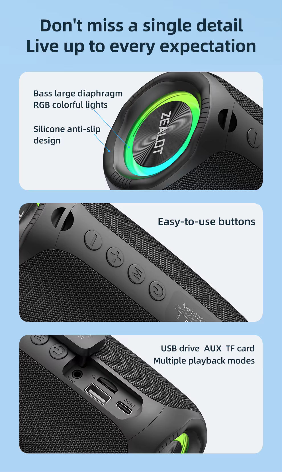 Black portable speaker with RGB colorful lights and various features on a blue background