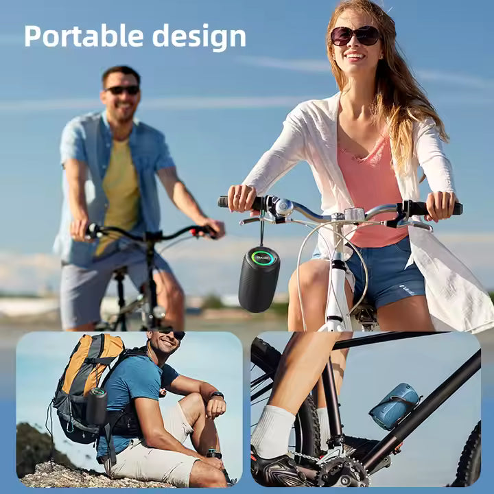 Two people riding bicycles with a portable speaker attached, set against a clear blue sky.