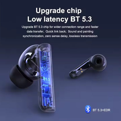 Wireless earbuds with BT 5.3 chip on a dark background