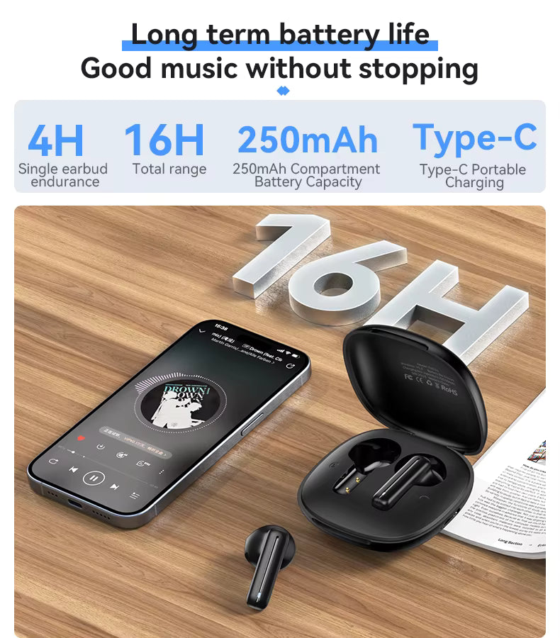 Wireless earbuds with charging case on a wooden surface, showing battery life and connectivity features.