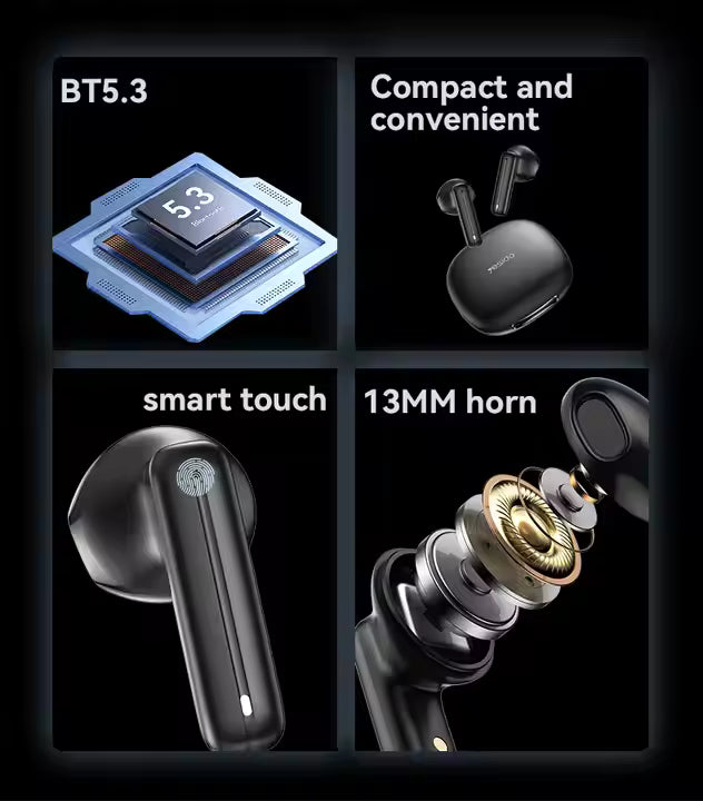 Wireless earbuds with features highlighted on a black background