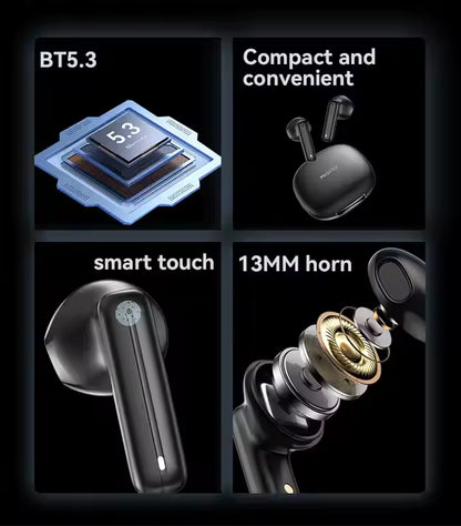 Wireless earbuds with features highlighted on a black background