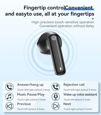 Black wireless earbud with touch controls on a white background