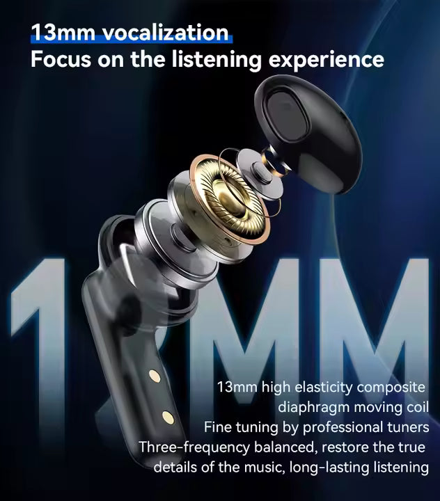 Close-up of a high-fidelity audio component with text highlighting features like '13mm vocalization' and '13mm high elasticity composite diaphragm moving coil'.