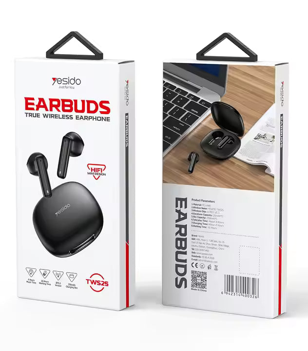 Packaging of Yesido earbuds with a laptop and earbuds on a wooden surface.