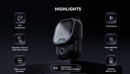 HAKll Boulder Portable Clip On Waterproof Bluetooth Speaker with 20H Playtime IPX7