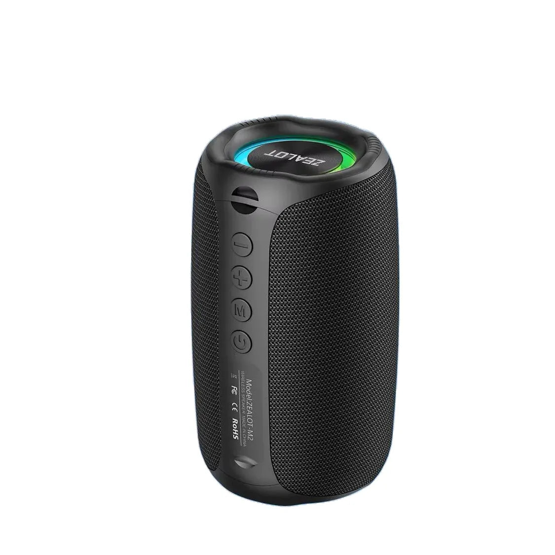 Black portable speaker with brand logo on a white background