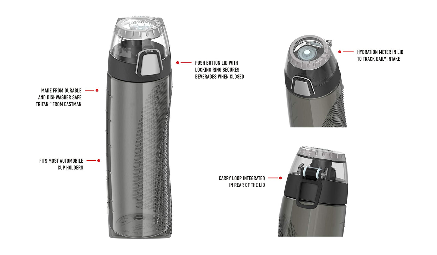 school and office-friendly Tritan water bottle by Thermos in gray black