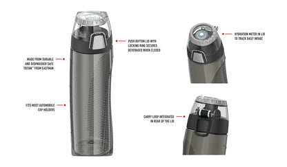 school and office-friendly Tritan water bottle by Thermos in gray black