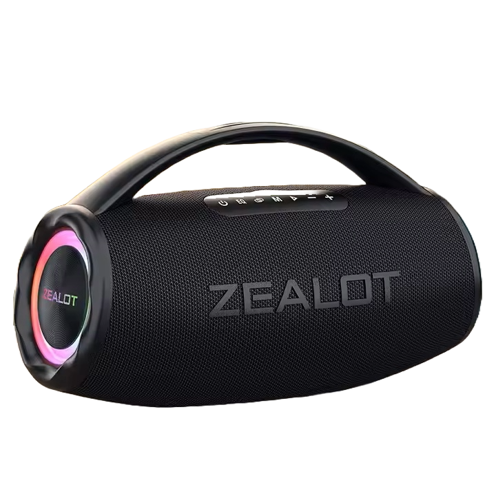 Black Zealot Bluetooth speaker with colorful lighting on a white background