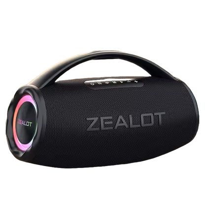 Black Zealot Bluetooth speaker with colorful lighting on a white background
